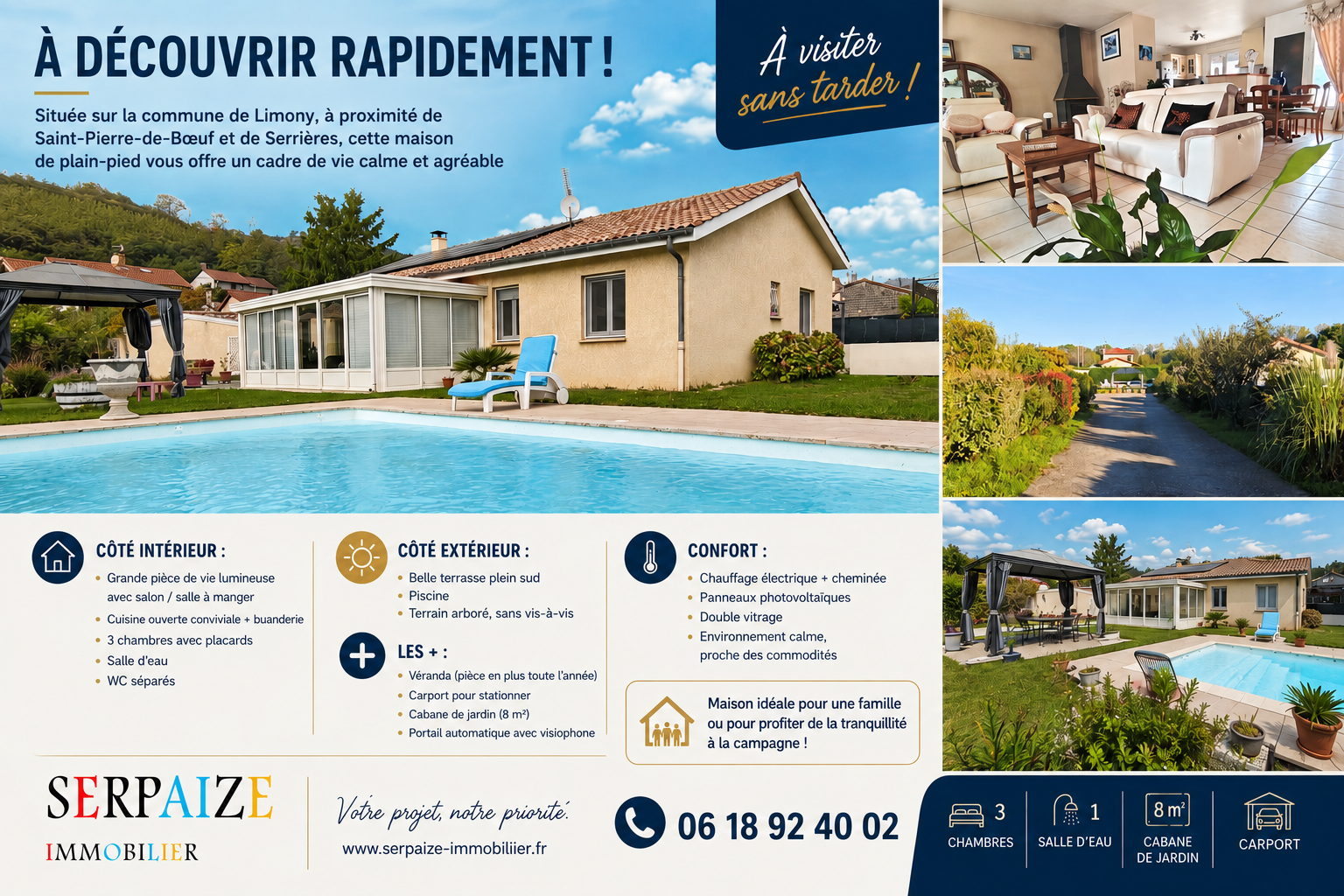 Maison de 108 m2, 3 chambres, avec piscine, véranda et terra
